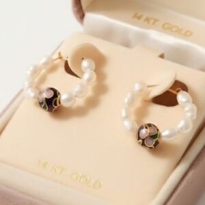 Jacmel 14K Gold Pearl Cloisonné Enamel Hoop Earrings